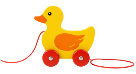 Yellow wooden duck toy with red wheels isolated, pull toy for kids on transparent background PNG