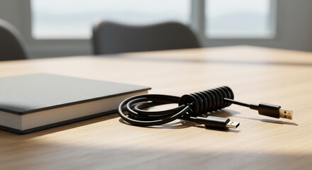 Cable de datos espiralado y libro cerrado en mesa de oficina de madera clara con fondo borroso para trabajo productivo