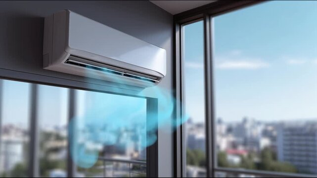 Air conditioning unit mounted on a wall in a modern room. Large windows show a cityscape outside. Cool air is visible flowing from the unit.