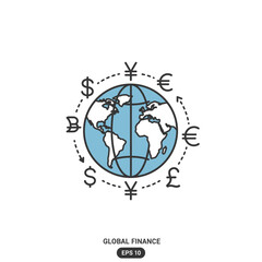 Global Finance Vector Illustration with World Globe and Currency Symbols in Modern Simple Style