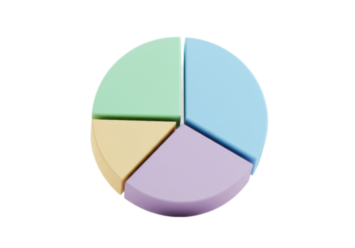 Pastel pie chart sections isolated on transparent background, colorful 3D render for data visualization and presentation