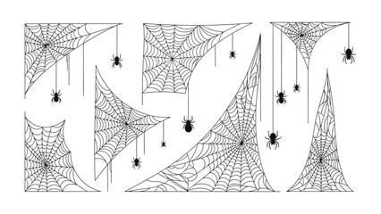Halloween Spiderweb Collection: A spooky and detailed array of spiderwebs and spiders set against a simple backdrop, perfect for Halloween-themed projects, conveying the creepy, eerie essence.