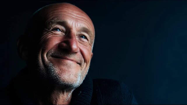 Senior Caucasian man with a beard smiling against a dark background. He has a joyful expression and visible wrinkles, indicating a life of experience.
