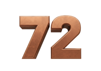 Bronze number 72 isolated PNG, metallic textured seventy-two figure on transparent background for decoration and design use
