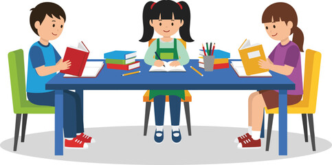 Three happy children studying together at table with books, reading, writing, and learning in classroom, education vector illustration