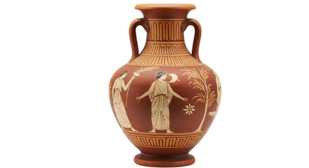 Ancient Greek amphora vase isolated, terracotta pottery with painted figures and geometric patterns, historical artifact for museum display