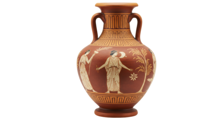 Ancient Greek amphora vase isolated, terracotta pottery with painted figures and geometric patterns, historical artifact for museum display