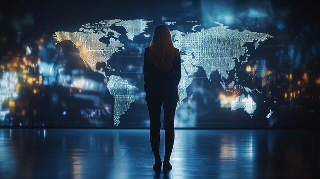 Woman contemplates world map displaying global data streams in futuristic control room