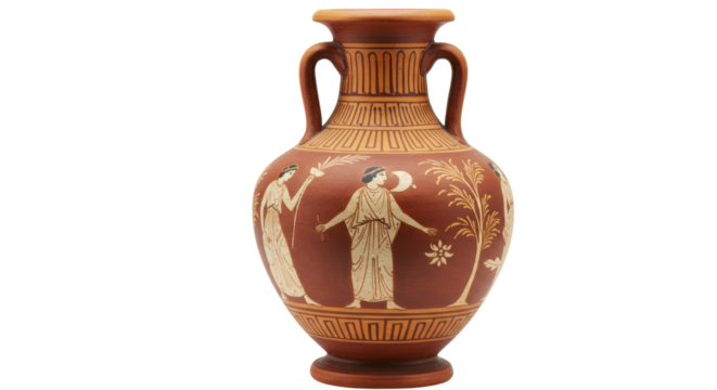 Ancient Greek amphora vase isolated, terracotta pottery with painted figures and geometric patterns, historical artifact for museum display