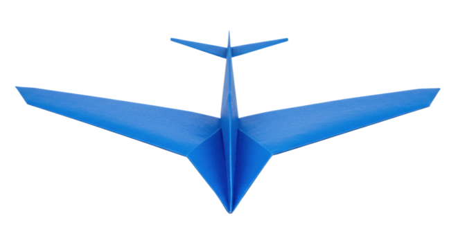 Blue paper airplane isolated on transparent background, origami toy for kids and aviation enthusiasts PNG