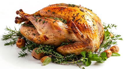A whole roasted turkey garnished with fresh herbs and roasted garlic bulbs on a white background
