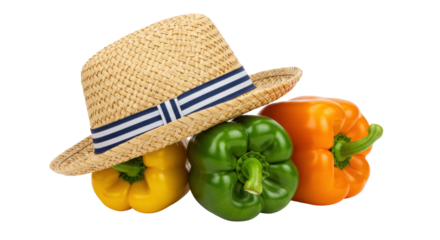 Colorful bell peppers with straw hat isolated, yellow green and orange vegetables for healthy eating and summer vacation themes