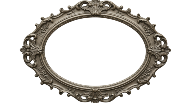 Ornate silver picture frame PNG isolated on transparent background, vintage style decorative border for photos and artwork