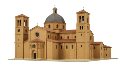 Detailed model of the Basilica di Sant Ubaldo isolated, Gubbio Italy, architectural miniature with dome and towers, no background, religious building