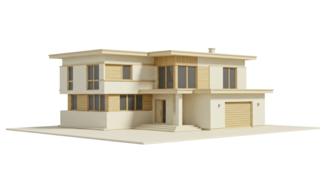 Modern two-story house isolated on transparent background, contemporary home with garage and flat roof for architecture and real estate