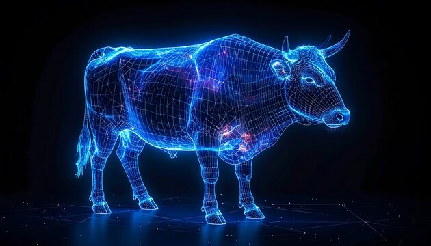 Digital bull, glowing wireframe - Powered by Adobe