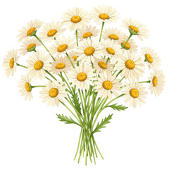 Watercolor bouquet of white daisies with golden centers and green stems isolated on white background