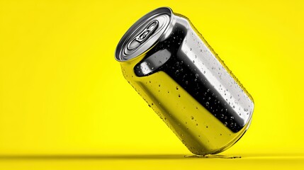 A shiny, condensation-covered soda can tipping over on a vibrant yellow background, evoking refreshment