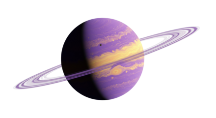 Purple and yellow gas giant planet with rings isolated on transparent PNG, fantasy space object for science fiction and astronomy