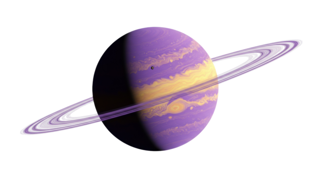 Purple and yellow gas giant planet with rings isolated on transparent PNG, fantasy space object for science fiction and astronomy