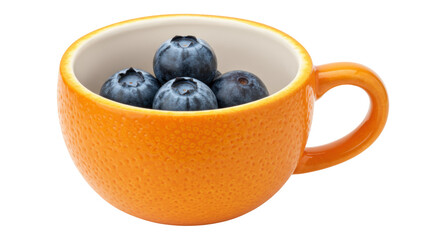 Fresh blueberries in orange textured cup isolated, healthy fruit snack on no background for food photography and recipe ideas