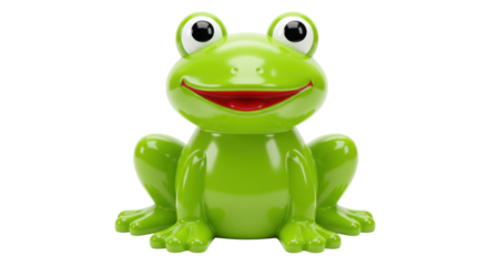 Green frog coin bank isolated on transparent background, cute amphibian animal for kids room decor and savings concept