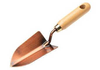 Copper trowel with wooden handle isolated, small garden tool for planting and transplanting on a clean background