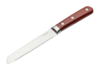 Bread knife with serrated blade and wooden handle isolated on transparent background, kitchen utensil for slicing bread PNG