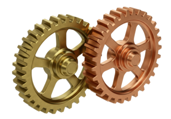 Two interlocking gears isolated on transparent background, golden and copper cogwheels for mechanical engineering and industrial design