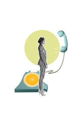 Vertical photo collage of serious girl stand telephone handset call center orange slice telecommunication isolated on painted background