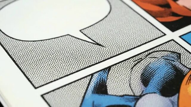 A slow pan across a classic comic book page showing the colorful panels halftone dot pattern and an empty speech bubble