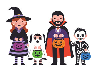 Happy Halloween Group: A family, dressed in whimsical costumes, ready to trick-or-treat, celebrating Halloween, a joyful scene full of spooky enchantment.
