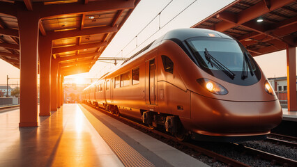 Modern train waits at station during sunset, showcasing sleek design and vibrant colors. warm light enhances atmosphere of travel and adventure