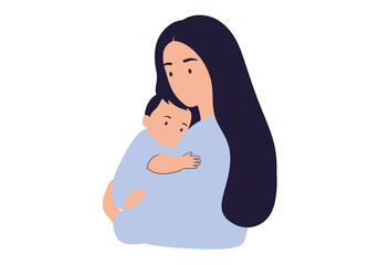 A mother holds a baby with both arms The mother has long dark hair