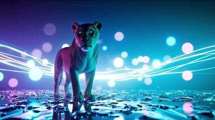 Powerful lioness in a surreal futuristic world with glowing neon lights and energy trails. - Powered by Adobe
