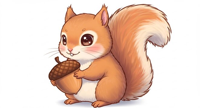 Ardilla adorable de dibujos animados sostiene bellota sonriendo alegremente ilustracion digital brillante fondo blanco