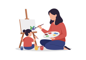 Fototapeta premium A woman and child paint on a canvas together