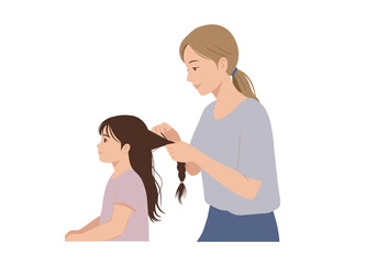 A woman braids a childs hair They both have light skin