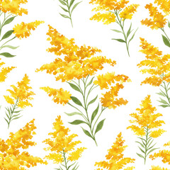 Watercolor pattern of vibrant yellow flowers and delicate green leaves isolated on white background