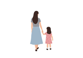 A woman  child are walking away holding hands