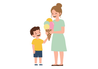 A woman gives a child a large ice cream cone with yellow green and pink ice cream