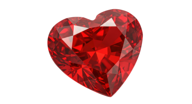 Heart-shaped ruby gemstone isolated PNG, faceted red crystal for jewelry design and romantic themes on transparent background