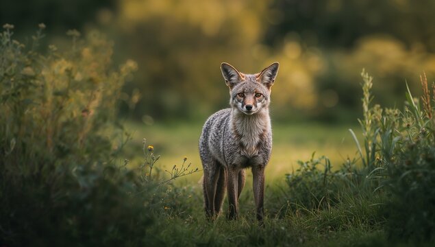 Gray Fox in Lush Meadow at Golden Hour

