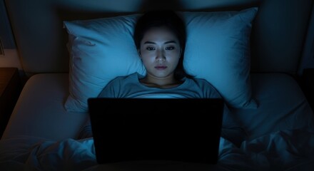 Woman working at night in bed with laptop in dim light. Working at night causes insomnia and sleep deprivation, affecting health.