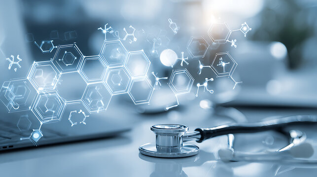 Medical stethoscope and glowing molecular structures on a laptop science technology