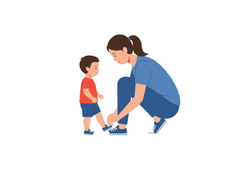 A woman ties a childs shoe The woman is kneeling looking down at the child