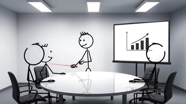 Animated stick figures present a rising bar chart with a laser pointer during a business meeting in a minimalist white conference room, depicting growth and teamwork.