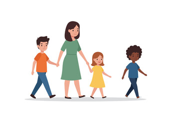 An adult holds the hands of two children walking beside a third child in a cartoonlike image