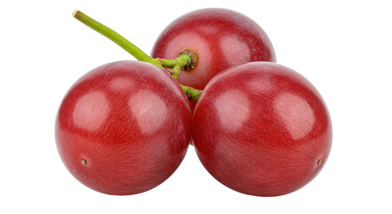 Three red grapes isolated on transparent background, fresh fruit close-up for healthy eating and food photography