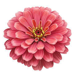 Vivid pink zinnia flower detailed botanical illustration isolated on white background